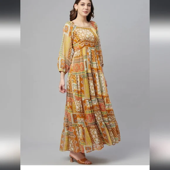 Cottinfab Women Mustard Yellow Ethnic Printed A-Line Maxi Dress - Picture 3 of 7